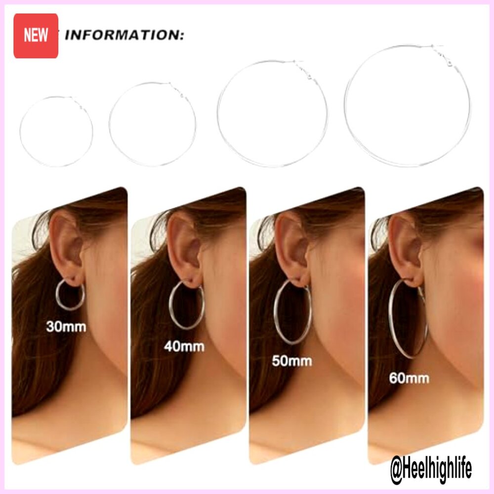 4-Pair Hoop Earrings Set, 14K Gold Plated, Hypoallergenic, 30-60mm Sizes - Picture 2 of 6